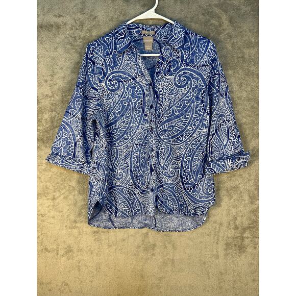 Chico's Linen Blouse Size Medium Blue Paisley 3/4 Sleeve Vacation Preppy - Picture 1 of 6